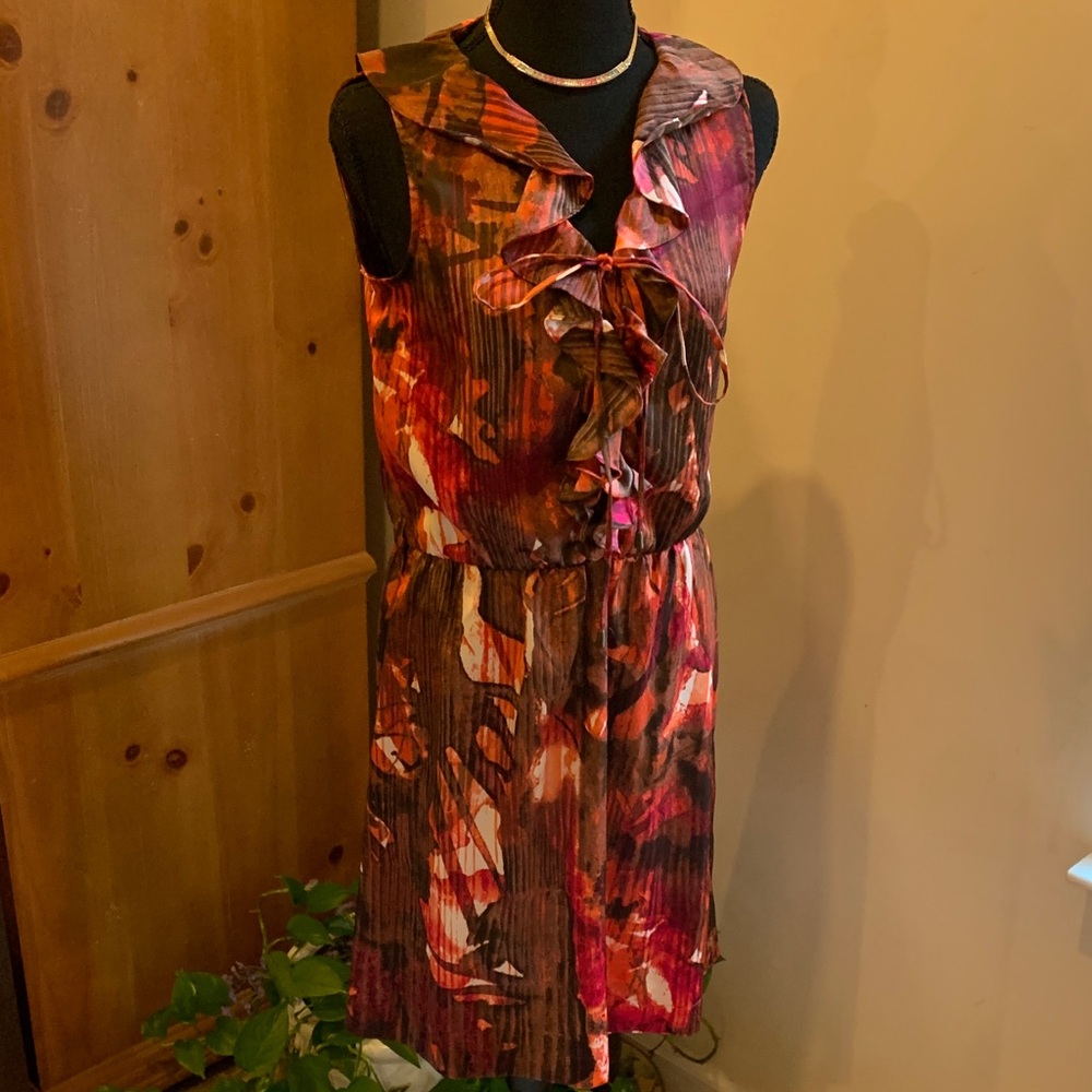🌹Vintage Calvin Klein Sleeveless Ruffle Tie-Waist Floral Dress Rust and Burgundy